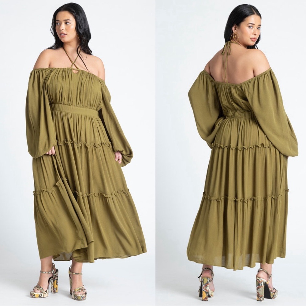 Eloquii Tiered Ruffle Maxi Dress Olive Green Size 14W - Picture 1 of 10